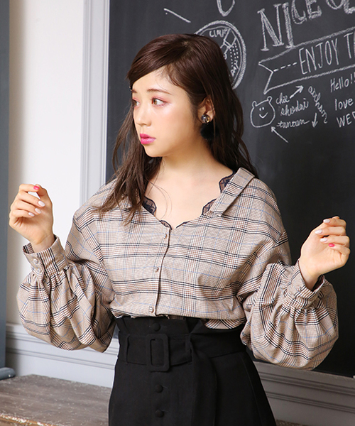 セール】抜き衿チェックブラウス（シャツ/ブラウス）｜one after