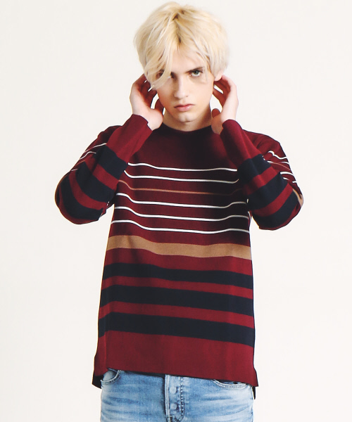 ABAHOUSE（アバハウス）の「パネルボーダー クルーネックプルオーバー（ニット/セーター・メンズ・ワイン/オフホワイト/ブラック・44/46/48）」の3枚目の写真