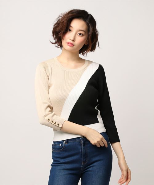 NARACAMICIE（ナラカミーチェ）の「ブロッキングインターシャプルオーバー長袖ニット（ニット/セーター・レディース・ベージュ/ブルー・LARGE/MEDIUM）」の6枚目の写真