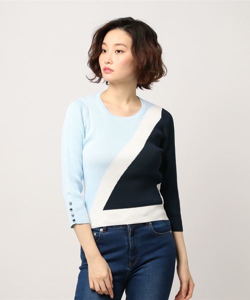 NARACAMICIE（ナラカミーチェ）の「ブロッキングインターシャプルオーバー長袖ニット（ニット/セーター・レディース・ベージュ/ブルー・LARGE/MEDIUM）」の5枚目の写真