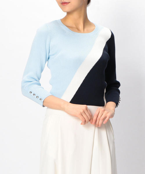 NARACAMICIE（ナラカミーチェ）の「ブロッキングインターシャプルオーバー長袖ニット（ニット/セーター・レディース・ベージュ/ブルー・LARGE/MEDIUM）」の7枚目の写真