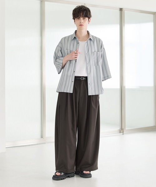Pants ワイド パンツ スラックス メンズ レディース　L　8 MONO-MART スラックス TRストレッチ タックワイドスラックス