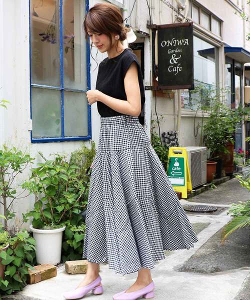 M y u（ミュー）の「ZOZO限定★切替ギンガムチェックスカート（スカート・レディース・ブラック系その他2/ブラック系その他/ブルー系その他2/ブルー系その他・FREE）」の3枚目の写真