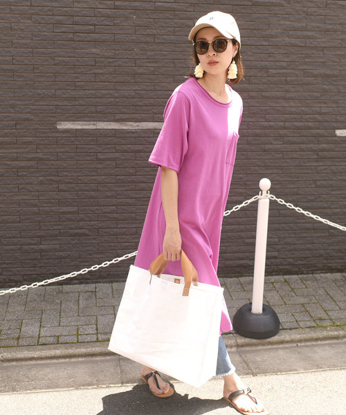 coca（coca）（コカ）の「選べるカラバリ！胸ポケット付きカットソーワンピース（ワンピース・レディース・ホワイト/チャコール/パープル/レッド・ONE SIZE）」の7枚目の写真