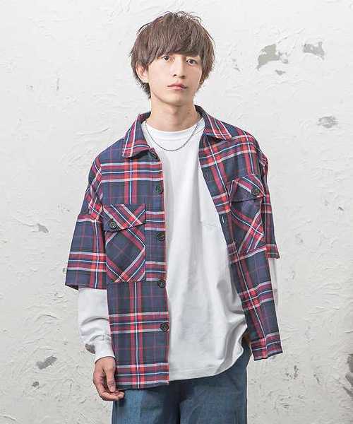 MinoriTY(マイノリティ)の「ポケット付きビッグチェックシャツ(シャツ/ブラウス・メンズ・ネイビー/レッド・M/L)」の1枚目の写真