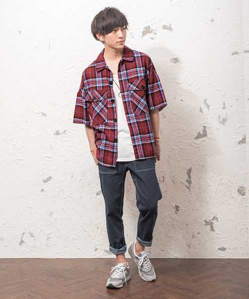 MinoriTY(マイノリティ)の「ポケット付きビッグチェックシャツ(シャツ/ブラウス・メンズ・ネイビー/レッド・M/L)」の4枚目の写真