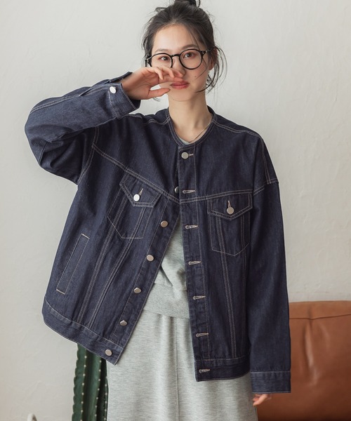 coca(coca)(コカ)の「ノーカラーデニムジャケット(デニムジャケット・レディース・ブルー/ブラック/インディゴブルー/ライトブルー・ONE SIZE/M/L)」の3枚目の写真