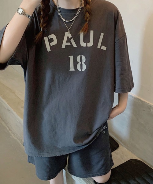 meJane(ミージェーン)の「PAUL18ロゴTシャツ+ハーフパンツ 2点セット【ZOZOTOWN限定】(セットアップ・レディース・チャコールグレー/グレー/オートミール・FREE)」の2枚目の写真
