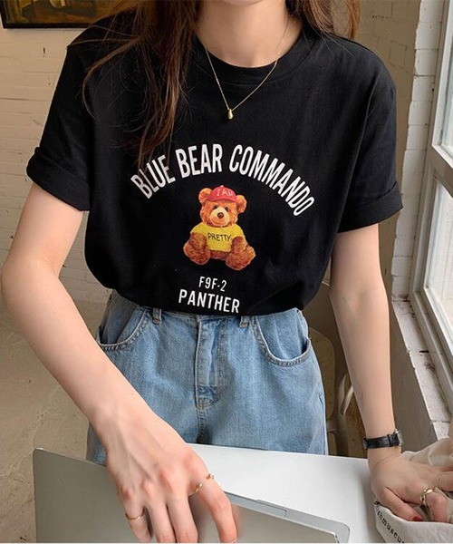 Bifrost(ビフレスト)の「くまプリントTシャツ(Tシャツ/カットソー・レディース・ブラック/ブラウン/グレー・F)」の1枚目の写真