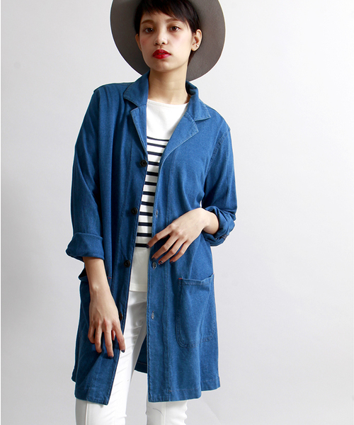 WEGO（ウィゴー）の「WEGO/カットデニムショップコート（ステンカラーコート・メンズ・ダークインディゴブルー/インディゴブルー・MEDIUM/LARGE）」の13枚目の写真