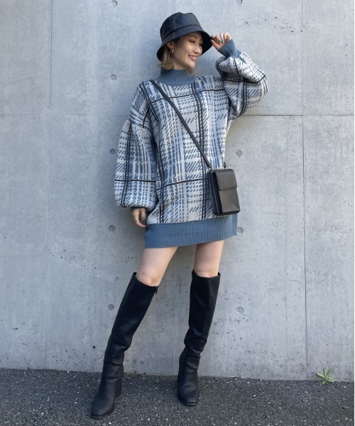 SPIRALGIRL（スパイラルガール）の「チェック柄ジャガードニットワンピース（ワンピース・レディース・ベージュ/ブルー/ブラック・FREE）」の3枚目の写真