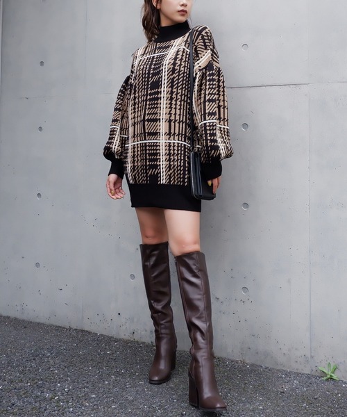 SPIRALGIRL（スパイラルガール）の「チェック柄ジャガードニットワンピース（ワンピース・レディース・ベージュ/ブルー/ブラック・FREE）」の5枚目の写真