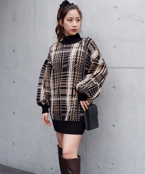 SPIRALGIRL（スパイラルガール）の「チェック柄ジャガードニットワンピース（ワンピース・レディース・ベージュ/ブルー/ブラック・FREE）」の9枚目の写真