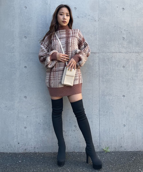 SPIRALGIRL（スパイラルガール）の「チェック柄ジャガードニットワンピース（ワンピース・レディース・ベージュ/ブルー/ブラック・FREE）」の7枚目の写真