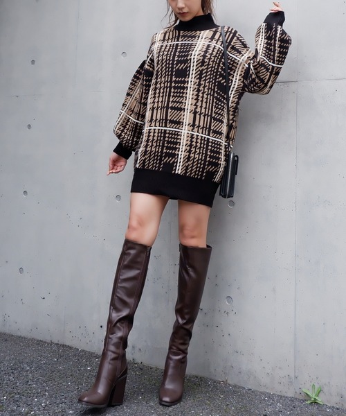 SPIRALGIRL（スパイラルガール）の「チェック柄ジャガードニットワンピース（ワンピース・レディース・ベージュ/ブルー/ブラック・FREE）」の4枚目の写真