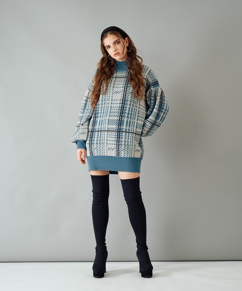 SPIRALGIRL（スパイラルガール）の「チェック柄ジャガードニットワンピース（ワンピース・レディース・ベージュ/ブルー/ブラック・FREE）」の11枚目の写真