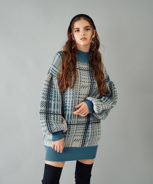 SPIRALGIRL（スパイラルガール）の「チェック柄ジャガードニットワンピース（ワンピース・レディース・ベージュ/ブルー/ブラック・FREE）」の12枚目の写真