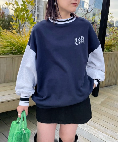 WHO'S WHO gallery（フーズフーギャラリー）の「【SLOPPY/スロッピー】バイカラーラインリブクルー（スウェット・レディース・サックスブルー/オートミール/ネイビー/グリーン・FREE）」の9枚目の写真