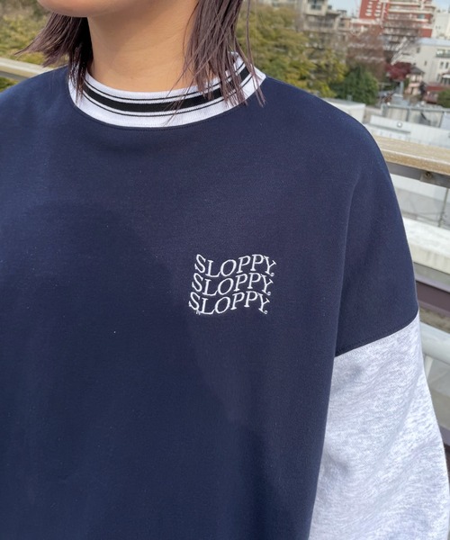 WHO'S WHO gallery（フーズフーギャラリー）の「【SLOPPY/スロッピー】バイカラーラインリブクルー（スウェット・レディース・サックスブルー/オートミール/ネイビー/グリーン・FREE）」の10枚目の写真