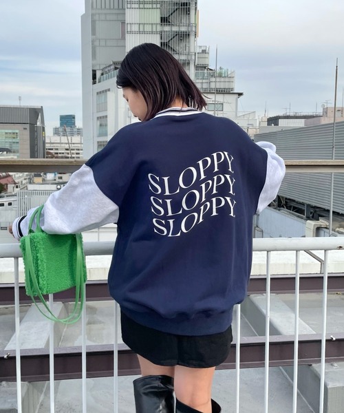 WHO'S WHO gallery（フーズフーギャラリー）の「【SLOPPY/スロッピー】バイカラーラインリブクルー（スウェット・レディース・サックスブルー/オートミール/ネイビー/グリーン・FREE）」の12枚目の写真