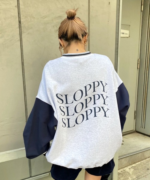 WHO'S WHO gallery（フーズフーギャラリー）の「【SLOPPY/スロッピー】バイカラーラインリブクルー（スウェット・レディース・サックスブルー/オートミール/ネイビー/グリーン・FREE）」の17枚目の写真