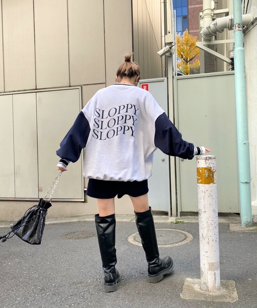 WHO'S WHO gallery（フーズフーギャラリー）の「【SLOPPY/スロッピー】バイカラーラインリブクルー（スウェット・レディース・サックスブルー/オートミール/ネイビー/グリーン・FREE）」の19枚目の写真