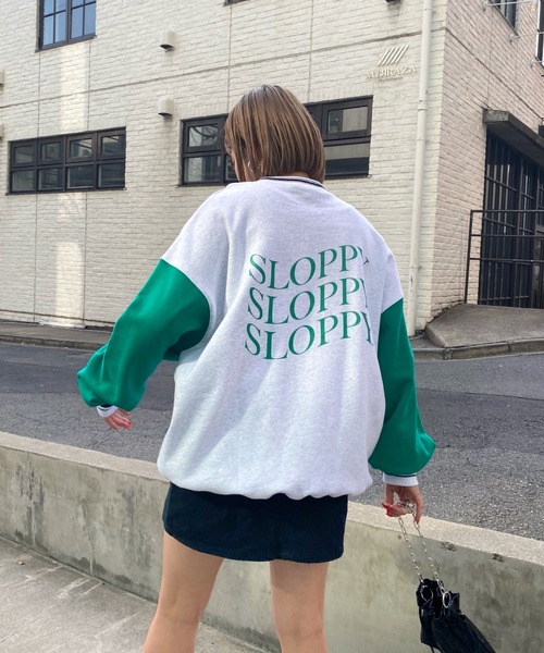 WHO'S WHO gallery（フーズフーギャラリー）の「【SLOPPY/スロッピー】バイカラーラインリブクルー（スウェット・レディース・サックスブルー/オートミール/ネイビー/グリーン・FREE）」の20枚目の写真