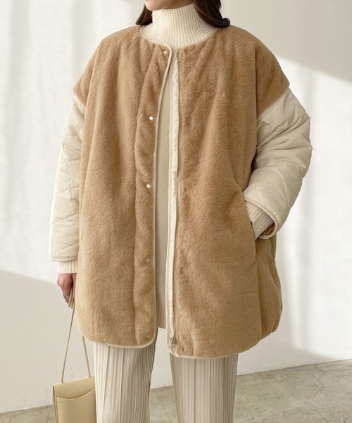 LIAN（リアン）の「キルティング×ファーミドルコート（ノーカラージャケット・レディース・ブラウン/ベージュ/ブラック・FREE）」の3枚目の写真