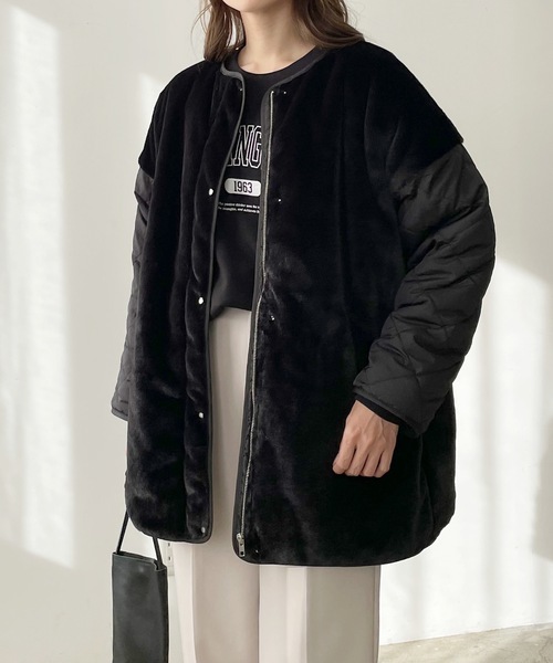 LIAN（リアン）の「キルティング×ファーミドルコート（ノーカラージャケット・レディース・ブラウン/ベージュ/ブラック・FREE）」の2枚目の写真