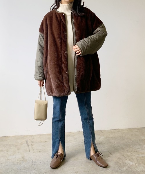 LIAN（リアン）の「キルティング×ファーミドルコート（ノーカラージャケット・レディース・ブラウン/ベージュ/ブラック・FREE）」の4枚目の写真