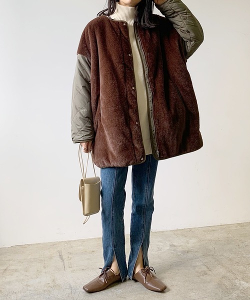 LIAN（リアン）の「キルティング×ファーミドルコート（ノーカラージャケット・レディース・ブラウン/ベージュ/ブラック・FREE）」の5枚目の写真