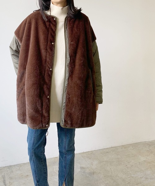 LIAN（リアン）の「キルティング×ファーミドルコート（ノーカラージャケット・レディース・ブラウン/ベージュ/ブラック・FREE）」の7枚目の写真