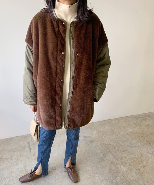 LIAN（リアン）の「キルティング×ファーミドルコート（ノーカラージャケット・レディース・ブラウン/ベージュ/ブラック・FREE）」の8枚目の写真