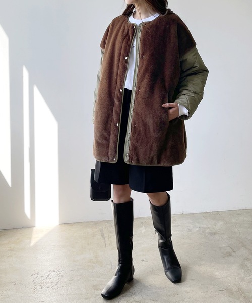 LIAN（リアン）の「キルティング×ファーミドルコート（ノーカラージャケット・レディース・ブラウン/ベージュ/ブラック・FREE）」の9枚目の写真