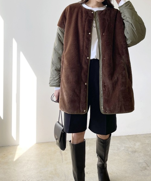 LIAN（リアン）の「キルティング×ファーミドルコート（ノーカラージャケット・レディース・ブラウン/ベージュ/ブラック・FREE）」の10枚目の写真