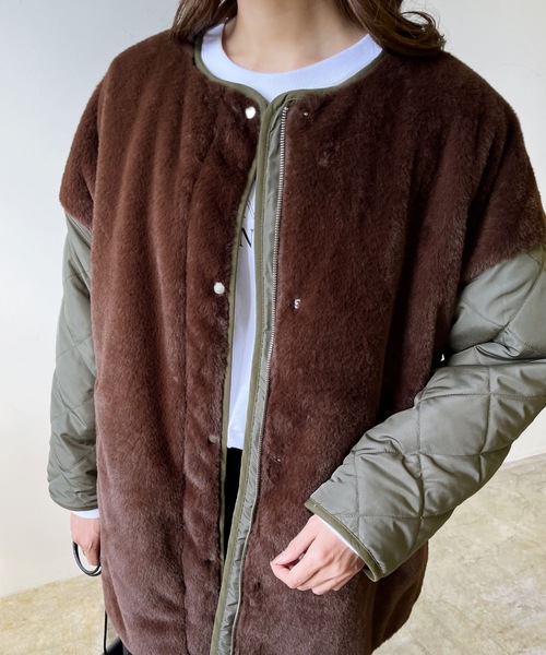 LIAN（リアン）の「キルティング×ファーミドルコート（ノーカラージャケット・レディース・ブラウン/ベージュ/ブラック・FREE）」の11枚目の写真