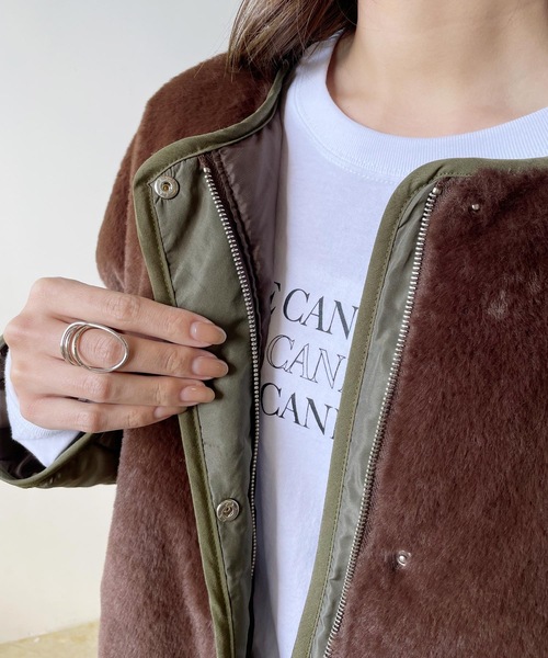 LIAN（リアン）の「キルティング×ファーミドルコート（ノーカラージャケット・レディース・ブラウン/ベージュ/ブラック・FREE）」の12枚目の写真