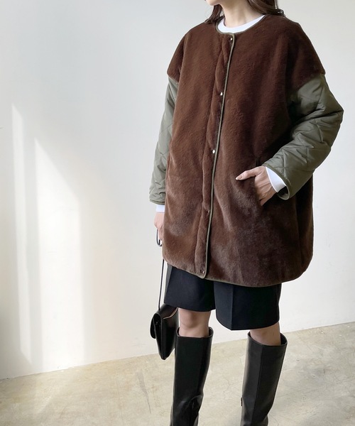 LIAN（リアン）の「キルティング×ファーミドルコート（ノーカラージャケット・レディース・ブラウン/ベージュ/ブラック・FREE）」の13枚目の写真