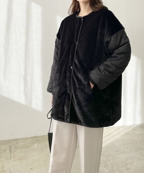 LIAN（リアン）の「キルティング×ファーミドルコート（ノーカラージャケット・レディース・ブラウン/ベージュ/ブラック・FREE）」の18枚目の写真