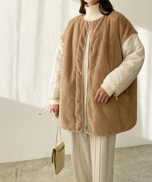 LIAN（リアン）の「キルティング×ファーミドルコート（ノーカラージャケット・レディース・ブラウン/ベージュ/ブラック・FREE）」の21枚目の写真