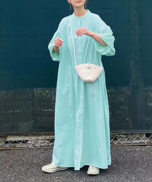 CORNERS（コーナーズ）の「CORNERS by KR コットン刺繍レースボリュームスリーブワンピース（シャツワンピース・レディース・オフホワイト/ブラック/ミント/オレンジ/グリーン/ブラウン/ベージュ・M/L）」の6枚目の写真