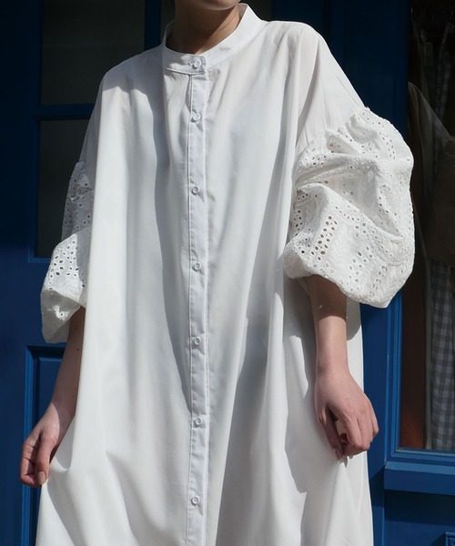 CORNERS（コーナーズ）の「CORNERS by KR コットン刺繍レースボリュームスリーブワンピース（シャツワンピース・レディース・オフホワイト/ブラック/ミント/オレンジ/グリーン/ブラウン/ベージュ・M/L）」の14枚目の写真