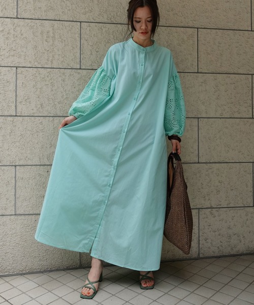 CORNERS（コーナーズ）の「CORNERS by KR コットン刺繍レースボリュームスリーブワンピース（シャツワンピース・レディース・オフホワイト/ブラック/ミント/オレンジ/グリーン/ブラウン/ベージュ・M/L）」の22枚目の写真