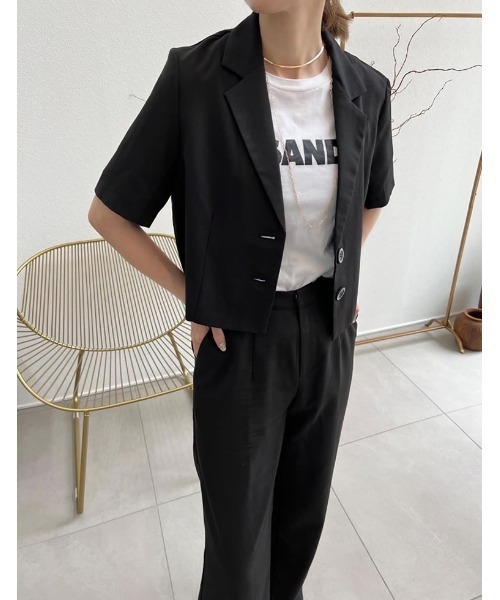 Re:EDIT（リエディ）の「[2点セット][低身長/高身長サイズ有]半袖シャツジャケット×ストレートスラックスセットアップ（セットアップ・レディース・イエロー/グレー/アイボリー/ピンク/ブラック・SHORT/TALL/MEDIUM/LARGE）」の21枚目の写真