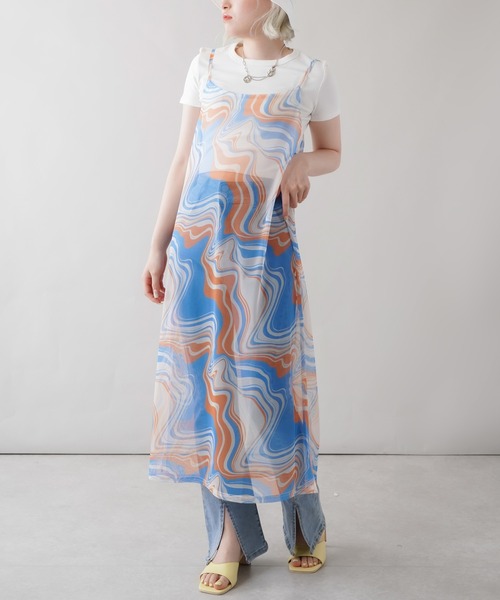 SPINNS（スピンズ）の「マーブルデザイン シアーキャミワンピース（ワンピース・レディース・ブルー/グリーン/ピンク・ONESIZE）」の3枚目の写真