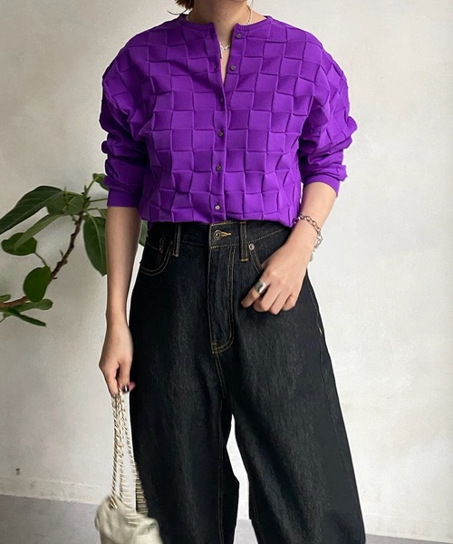 DouDou(ドゥドゥ)の「ブロックチェックカーディガン(カーディガン/ボレロ・レディース・ブラック/スカイブルー/パープル・FREE)」の5枚目の写真