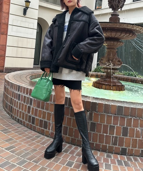 WEGO（ウィゴー）の「WEGO/ボア切替ランチコート（ムートンコート・レディース・ブラウン/ブラック/ブラック系その他・FREE）」の13枚目の写真