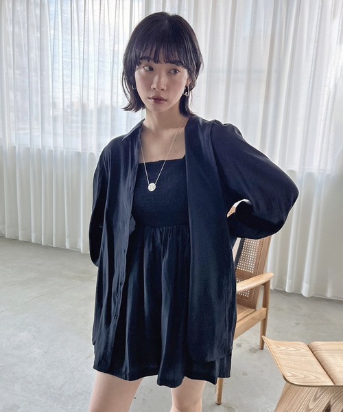 Jewelobe(ジュエローブ)の「チューブトップショートサロペ×ロングシャツセットアップ(セットアップ・レディース・ブラック/ブラウン・FREE)」の14枚目の写真