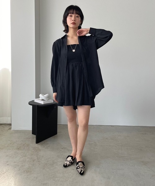 Jewelobe(ジュエローブ)の「チューブトップショートサロペ×ロングシャツセットアップ(セットアップ・レディース・ブラック/ブラウン・FREE)」の19枚目の写真