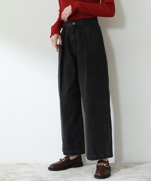 N.(N. Natural Beauty Basic)(エヌエヌナチュラルビューティーベーシック)の「【S Size Line】◆タックワイドデニムパンツ(デニムパンツ・レディース・ブラック/ワンウォッシュ・SMALL/MEDIUM)」の1枚目の写真